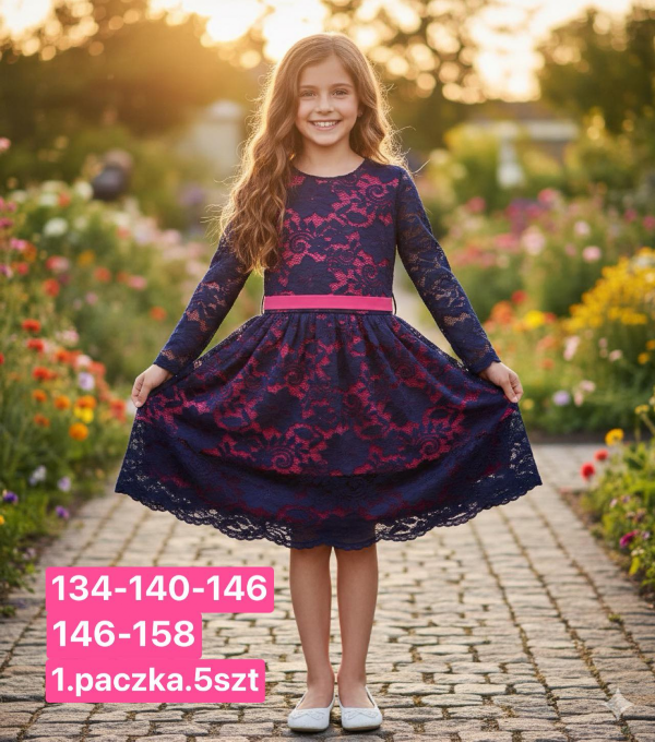 Sukienki dziewczęce Roz 134-158, 1 kolor Paczka 5 szt